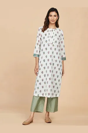 Fabindia Floral Printed Round Neck Flared Cotton Kurta