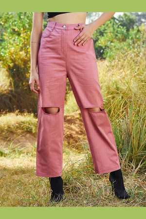 ATHENA Women Comfort Straight Fit Slash Knee Cotton Jeans