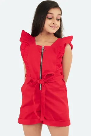 OLELÉ Girls Square Neck Cotton Twill Rompers