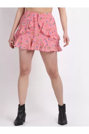 La Zoire Women Pink Floral Printed Flared Mini Skirts