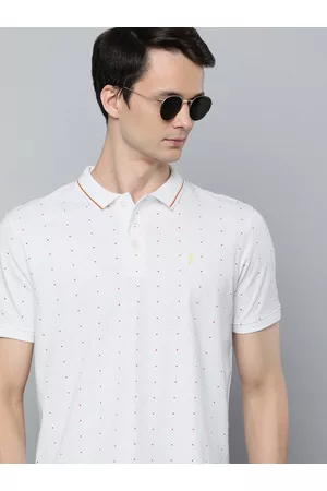 Indian Terrain Men White & Red Printed Polo Collar Pure Cotton Slim Fit T-shirt