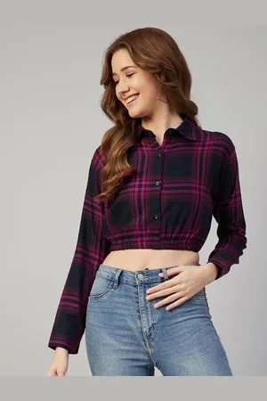 Chimpaaanzee Women Navy Blue Boxy Tartan Checked Casual Shirt