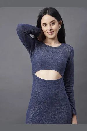 Rigo Navy Scoop Neck Shimmering Long Sleeve Bodycon Dress