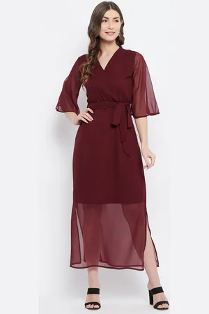 Color Cocktail Maroon Flared Sleeves Maxi Wrap Dress