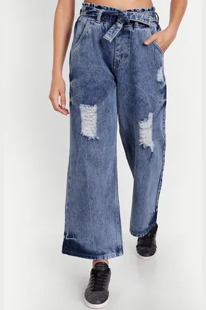 AngelFab Women Jean Wide Leg High-Rise Mildly Distressed Heavy Fade Cotton Jeans