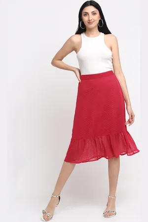 NEUDIS Women Red Self Design Ruffled A-Line Knee Length Skirt