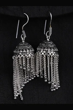 Bhana Fashion Silver-Toned Oxidised Silver-Plated Jhumkas Earrings