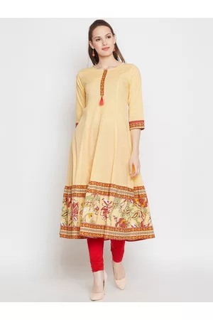ONE OF A KIND Women Cotton kurtis - Cream & Orange Floral Printed Pure Cotton Anarkali Kurti