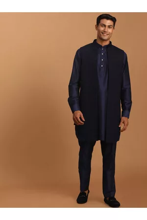 Vastramay Men Navy Shimmer Front Open Jacket With Solid Kurta And Pant Set