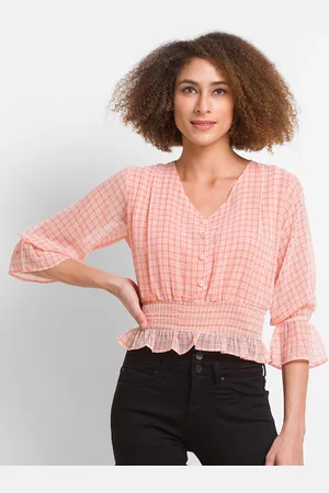 Globus Peach-Coloured & White Checked Georgette Blouson Top