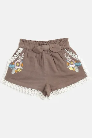 Kids On Board Girls Grey Floral Embellished High-Rise Hot Pants Shorts
