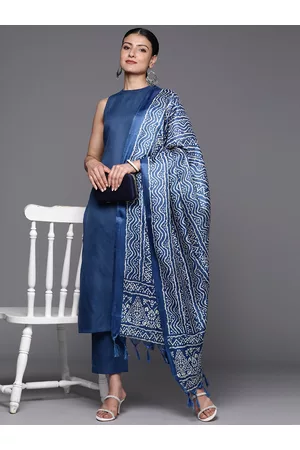 Varanga Blue Sleeveless Halter Neck Straight Kurta with Trouser & Bandhani Printed Dupatta