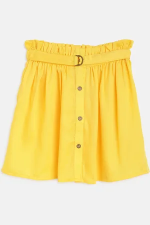 am ma Girls Yellow Solid Cotton Flared Skirt
