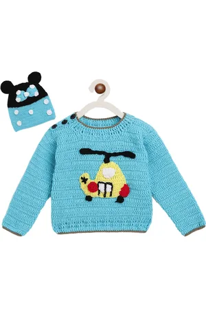 CHUTPUT Kids Blue & Black Self Design Pullover Sweater with Beanie