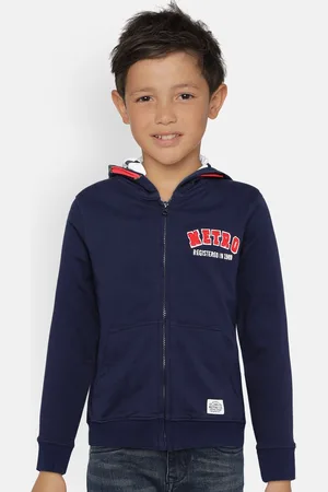 METRO KIDS COMPANY Boys Navy Blue Solid Organic Cotton Hooded Sweatshirt With Applique
