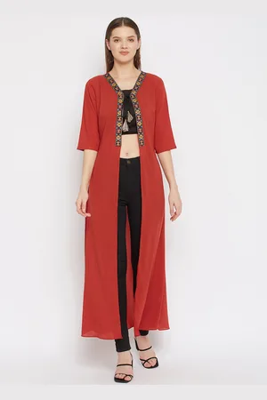 Imfashini Women Rust Orange Embroidered Longline Tie-Up Shrug
