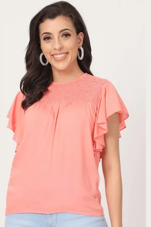 BEATNIK Flutter Sleeves Smocked Round Neck Regular Top