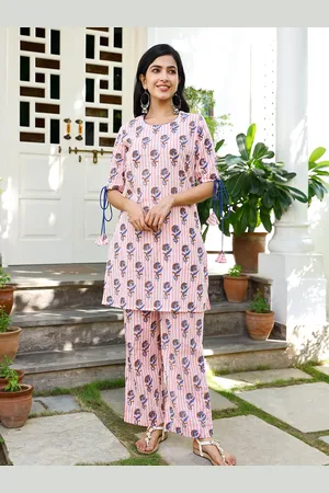 Ambraee Women Pink & Blue Floral Printed Pleated Pure Cotton Kurta with Palazzos