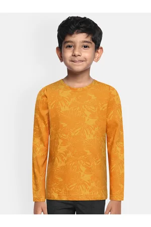 URBANO Boys Mustard Yellow Floral Printed Slim Fit Outdoor T-shirt