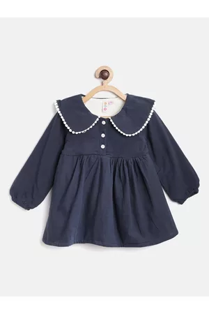 Kids On Board Girls Navy Blue Solid A-Line Fleece Dress