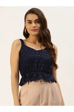 BRINN Navy Blue Embroidered Sequinned Top