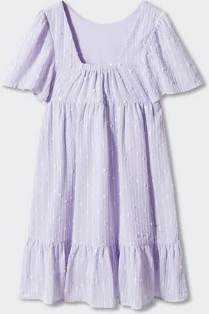 MANGO Girls Embroidered Striped Gathered Detail Fit & Flare Dress