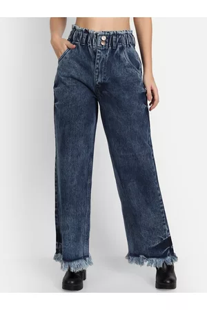 AngelFab Women Jean Wide Leg High-Rise Heavy Fade Cotton Jeans