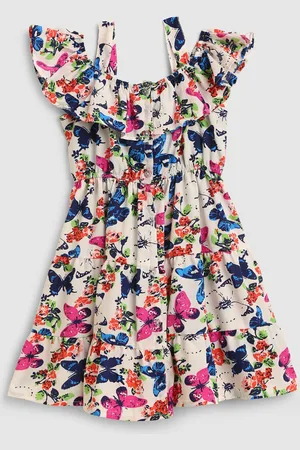 HERE&NOW Girls Shoulder Straps Conversational Printed Cotton A-Line Dress