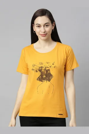 BRATMA Women Yellow Printed Round Neck Cotton Pure Cotton T-shirt