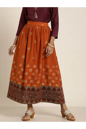 Taavi Women Rust Orange & Yellow Kanchi Woven Design Flared Kora Maxi Skirt