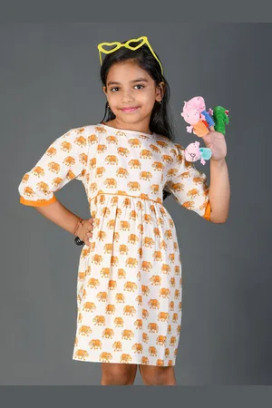 Kids On Board Girls Conversational Elephant Printed Cotton A-Line Dress