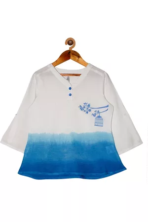 KiddoPanti Girls Blue & White Dyed Flared Sleeves Kurta