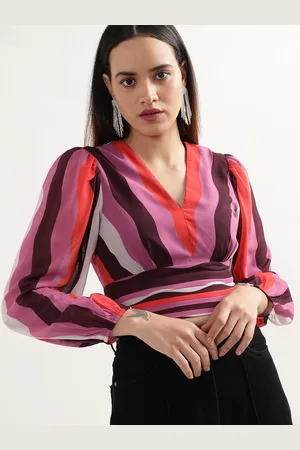 CENTRESTAGE Striped V-Neck Puff Sleeve Crop Top