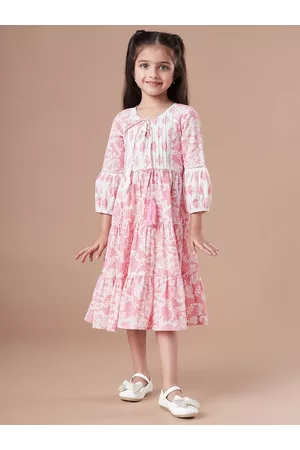 pspeaches Girls Tiered Floral Print Tie-Up Neck A-Line Midi Cotton Dress
