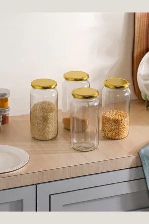 Nestasia Transparent 4 Pieces Glass Storage Jars With Gold-Toned Lid - 950 ml Each