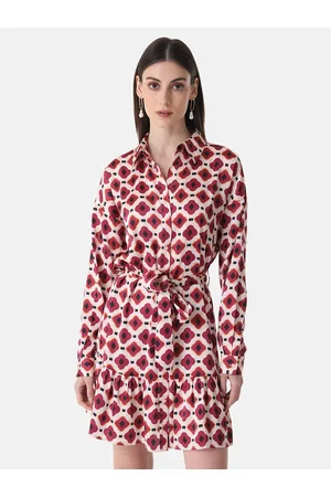 Kazo Floral Printed Satin Shirt Dress With Belt