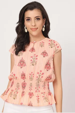 BEATNIK Floral Printed Keyhole Neck Cotton Cinched Waist Top