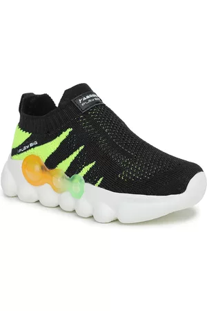 ABROS Shoes Boys Black & Fluorescent Green Mesh Running Shoes