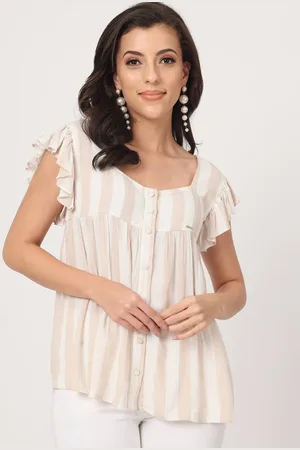 BEATNIK Vertical Striped Flutter Sleeves Square Neck Gathered Regular Top