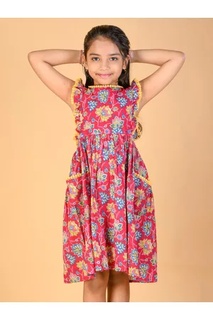 Kids On Board Girls Floral Printed Flutter Sleeves Ruffled Fit & Flare Dress