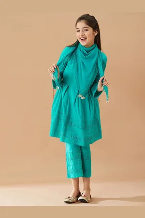 pspeaches Girls Self Design Pure Cotton Tunic with Trousers