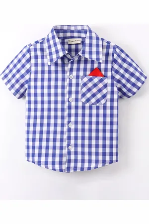 CrayonFlakes Boys Spread Collar Gingham Checked Cotton Casual Shirt