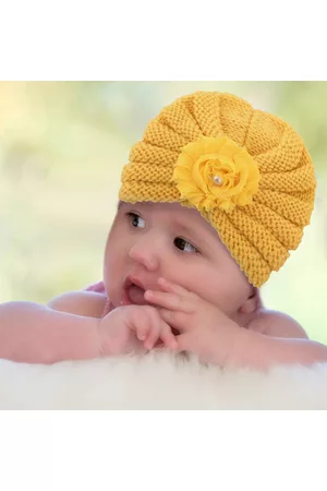 Baby Moo Girls Yellow Self Design Beanie
