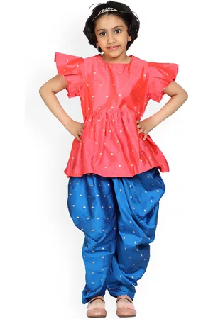 KiddoPanti Girls Pink & Blue Embellished Top& Churidar