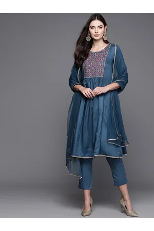 Biba Women Teal Blue Embroidered A-Line Kurta with Trousers & Dupatta