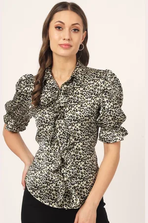 BEATNIK Animal Printed Puff Sleeves Ruffles Satin Shirt Style Top