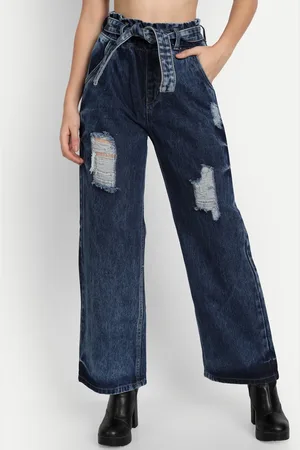 AngelFab Women Jean Wide Leg High-Rise Mildly Distressed Light Fade Cotton Jeans