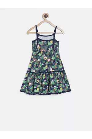 MINI KLUB Girls Navy Blue Printed Fit and Flare Dress