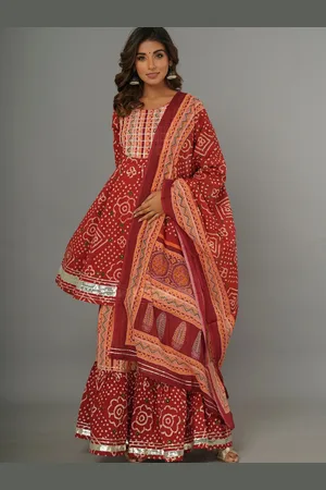 CRAFTED FOR YOU Bandhani Yoke Design Pure Cotton Kurta with Sharara & Dupatta