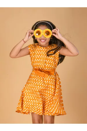 Kids On Board Girls Polka Dot Printed Pleated Fit & Flare Dress With Belt